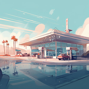 蓝天下的汽车加油站背景图片