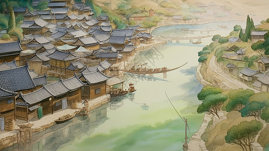河流穿过中国古代城镇图片