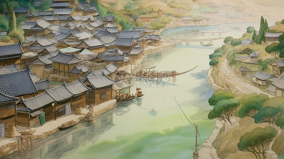 河流穿过中国古代城镇图片