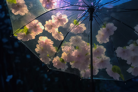 透明雨伞上的桃花背景图片