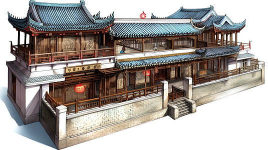 中国古代楼阁插画图片