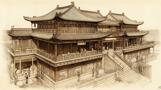 中国古代楼宇的绘图背景图片