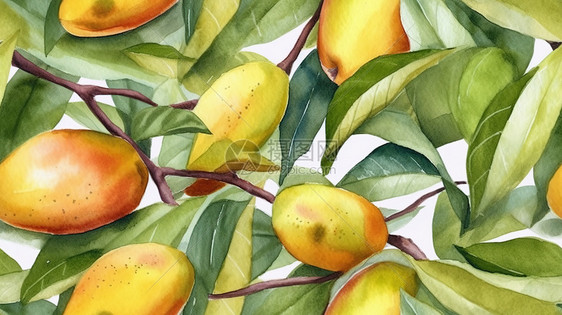 夏季芒果树水彩画图片