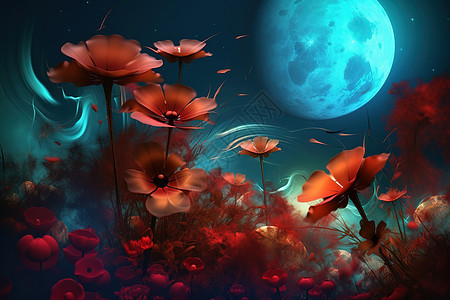 月光下红色艳丽的花卉图片