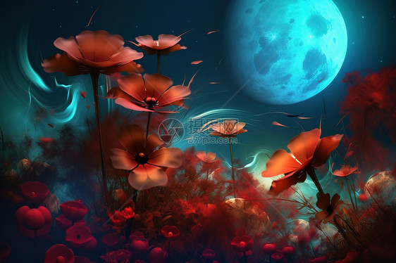 月光下红色艳丽的花卉图片