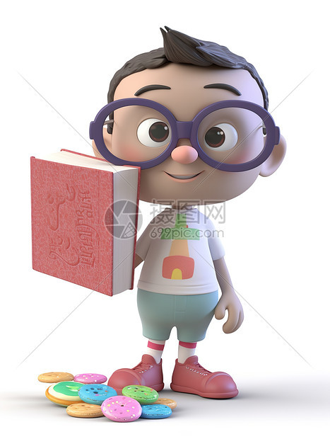 3D卡通拿着书的男孩图片