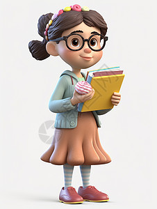 3D卡通拿着书的女孩图片