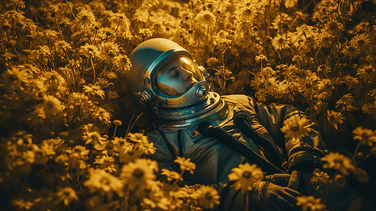 躺在花海里休息的宇航员背景图片