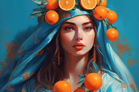 带着橙子花环的美女背景图片