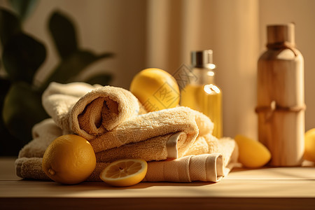 浴室里的毛巾与柠檬图片
