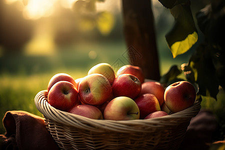阳光下篮子里的苹果图片