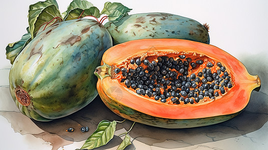 手绘水彩水果木瓜背景图片