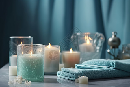 浴室的桌子上放着蜡烛图片