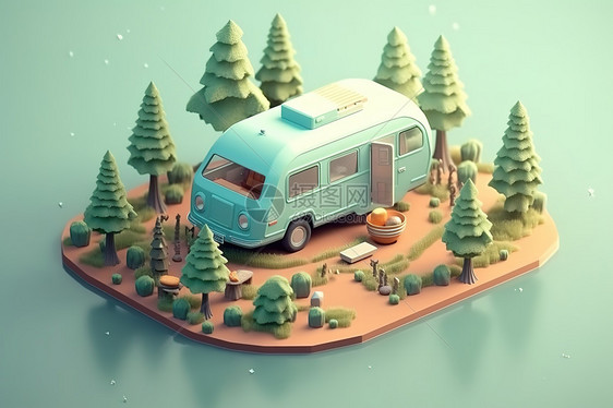 3D森林中可爱露营车图片