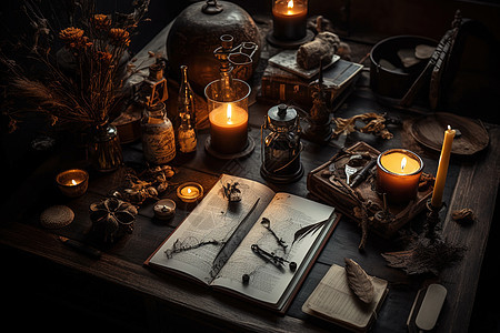 木质桌上放着打开的书籍和蜡烛背景图片