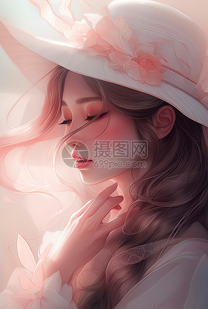 带着白色遮阳帽的美女图片