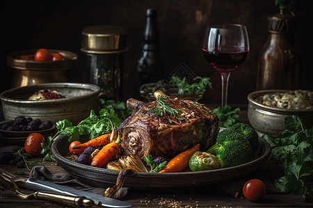 美味的烤羊腿配蔬菜和红酒背景图片