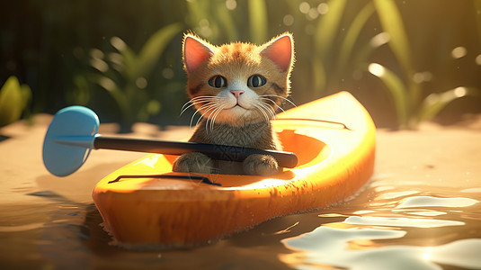 阳光下湖面上划着皮划艇的猫咪图片