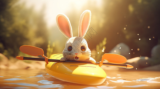 划着皮划艇的可爱兔子图片