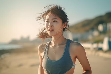 海边跑步穿着运动背心的年轻女人背景