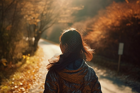 阳光下走在道路上的美女图片