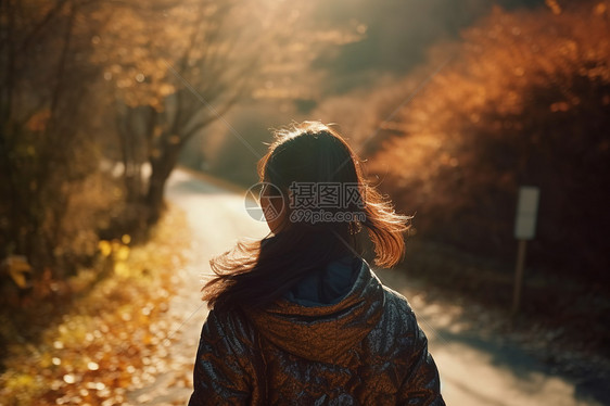 阳光下走在道路上的美女图片