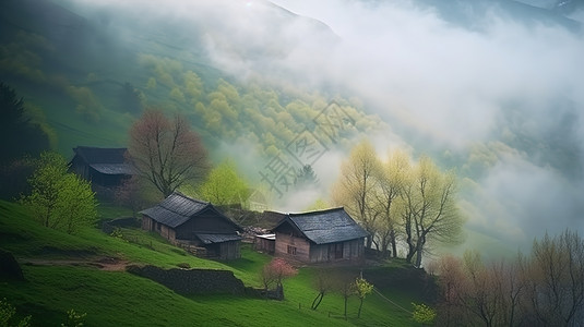 薄雾里山脉的建筑图片