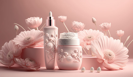 立体化妆品被粉色花朵包围的立体花朵护肤品背景