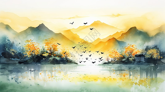 水彩水墨晕染中国秋天风景图片