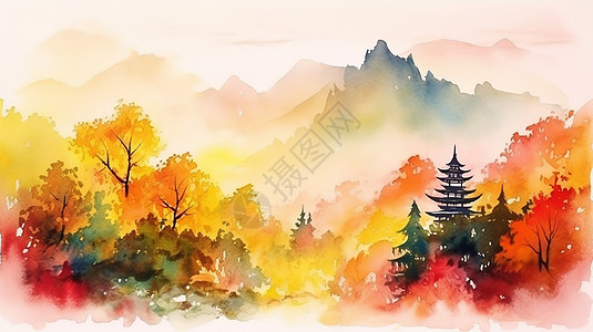水墨水彩晕染中国秋天风景背景图片