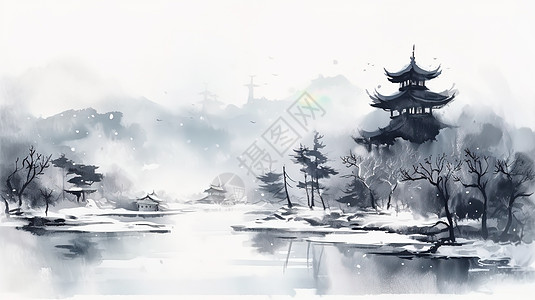 水墨水彩冬天雪景建筑中国风景场景图片