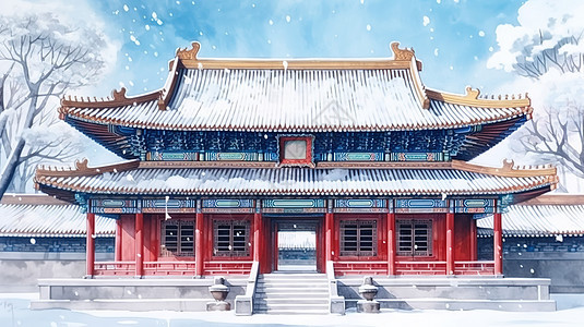 水彩水墨雪景中冬天中国古建筑风景背景图片