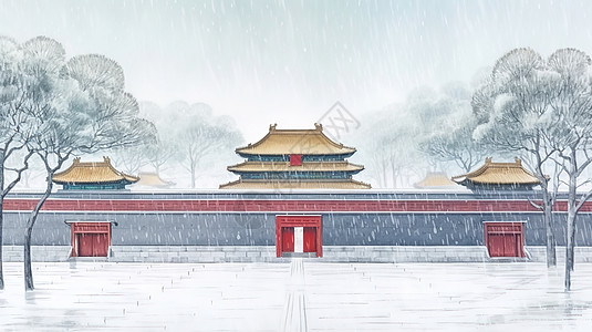 中国古建筑门水彩水墨冬天古建筑雪景中国风景插画