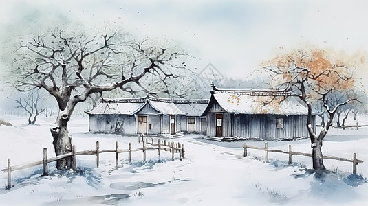 覆盖 中国水墨水彩晕染冬天乡村雪景插画