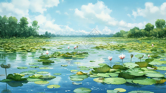 水墨水彩晕染中国夏天荷花湖泊风景图片