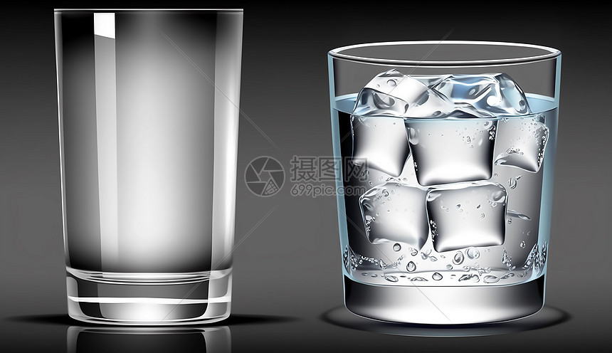 空的玻璃杯和装满冰块的水图片