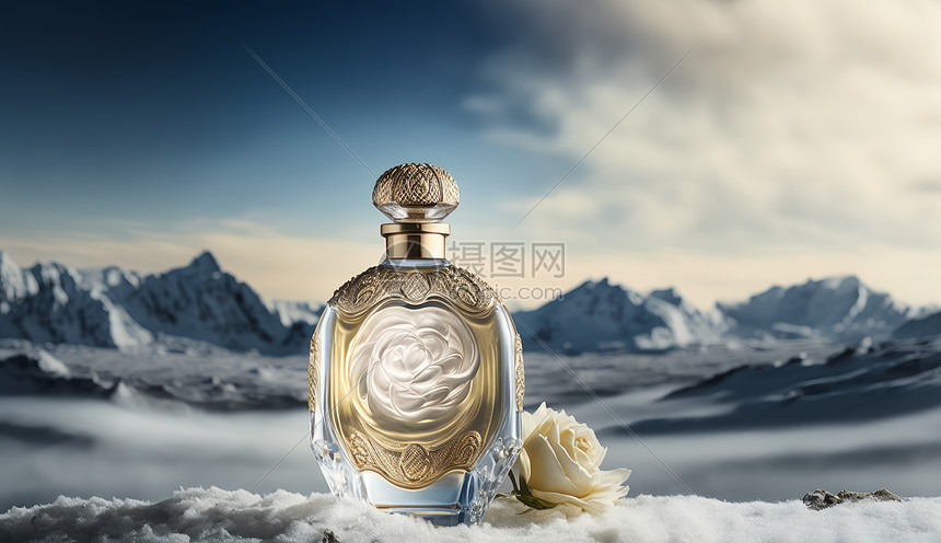 在雪地里的香水与白色花朵图片