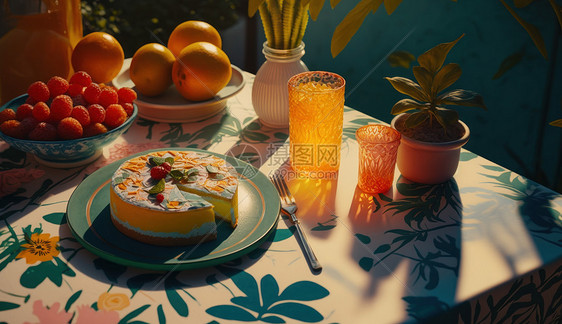 桌子上的蛋糕与水果图片