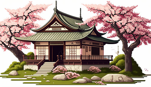 樱花树旁的房子图片