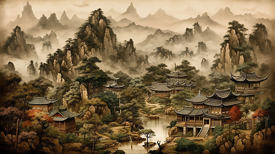 工笔山水画中国风山水画插画