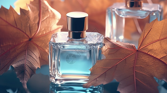 透明香水瓶枫叶背景图片