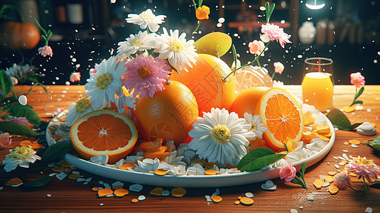 橙子与多个水果摆拍食物图片
