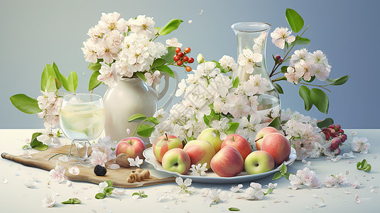 苹果与花卉摆拍食物图片