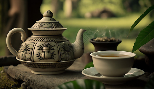 石头上的茶壶和茶杯图片