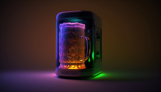 霓虹灯迷你小冰箱与冰镇啤酒图片