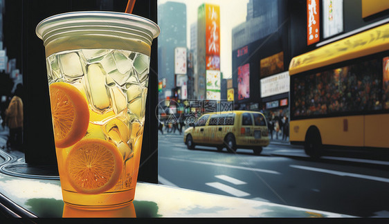 街景桌子上的橙汁图片