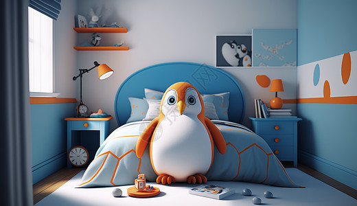 蓝色企鹅动物主题儿童卧室背景图片
