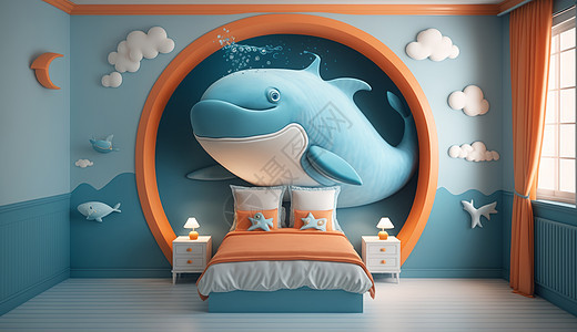 淡蓝色鲨鱼主题儿童卧室背景图片