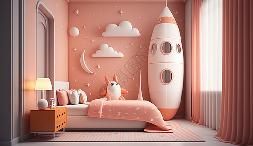 淡橙色火箭太空主题房间图片