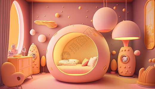 儿童卧室太空主题粉色与橙色图片